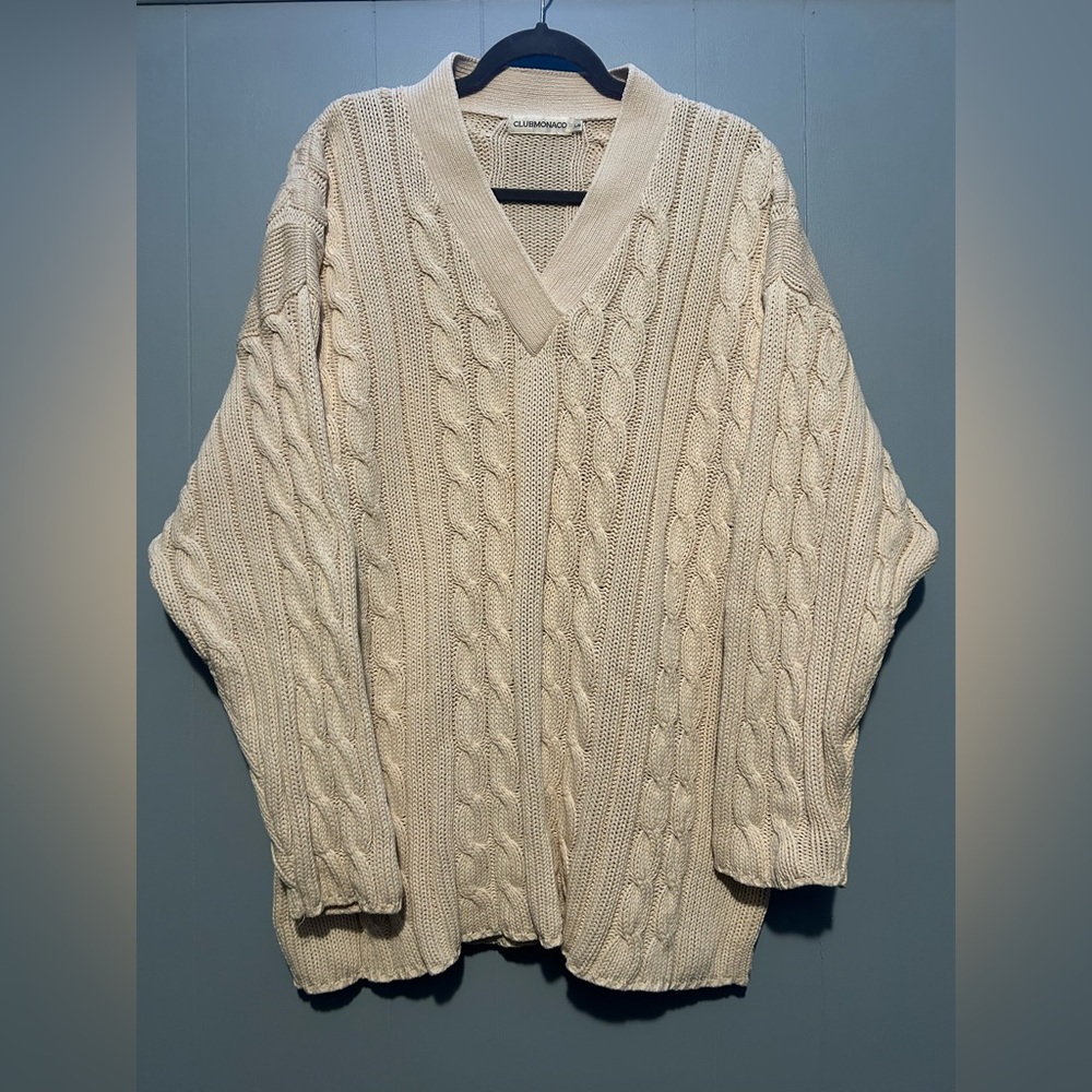 Vintage Club Monaco Sweater White Cableknit V Neck Fisherman Size Men’s Large
